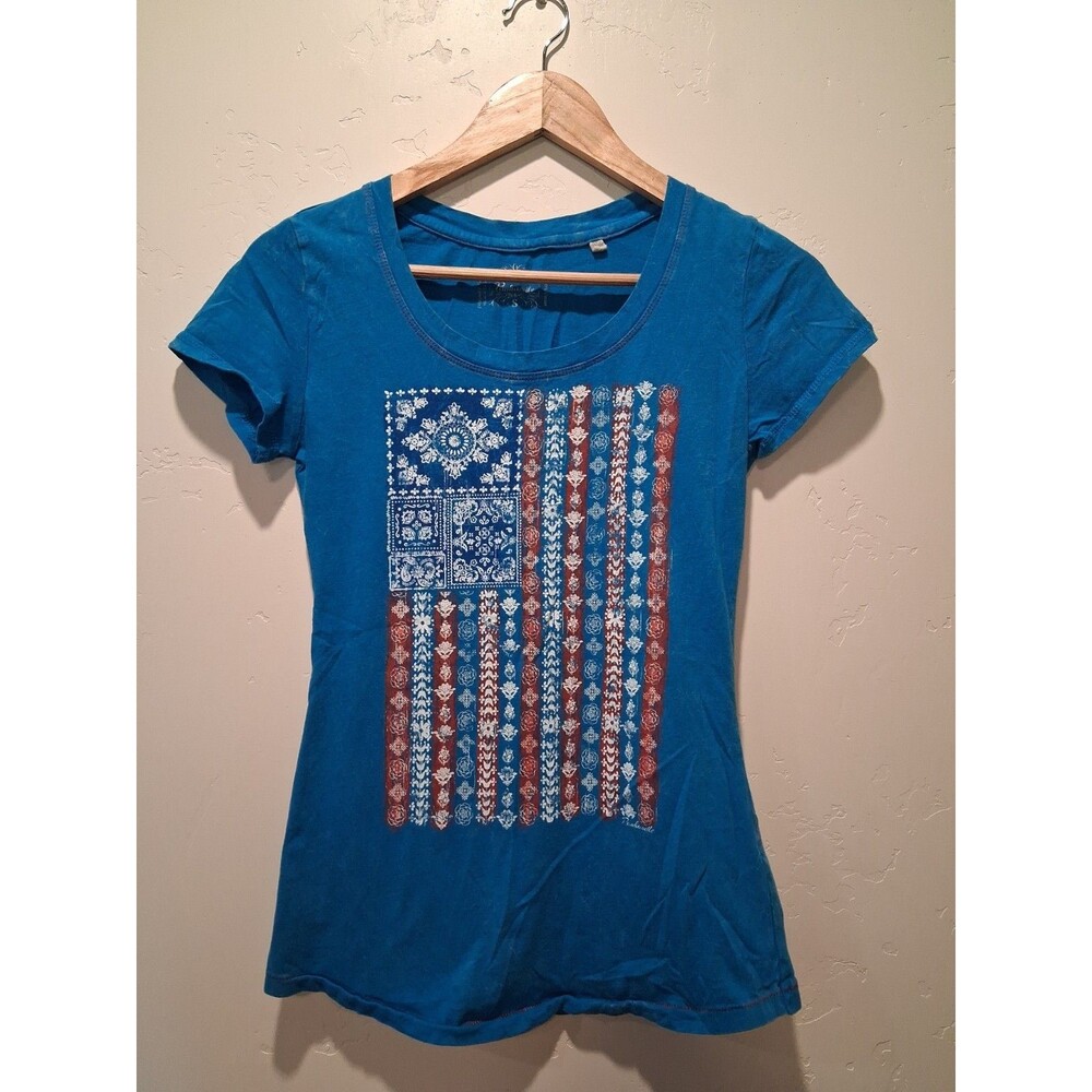 Panhandle Size S Turquoise Floral American Flag T-Shirt Red Stitching Patriotic